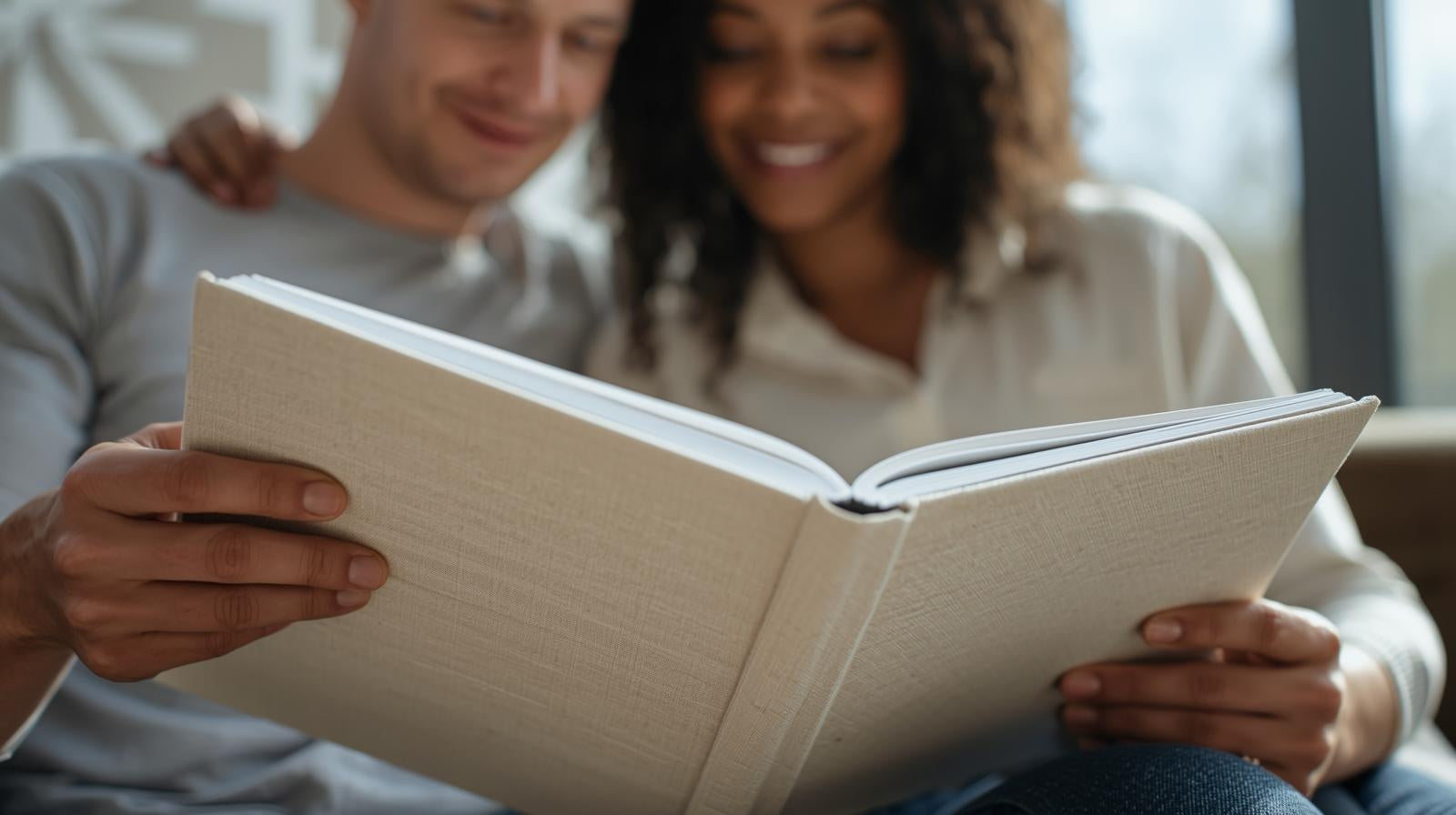 Couple reviewing a linen bound luxury milestone book together at home