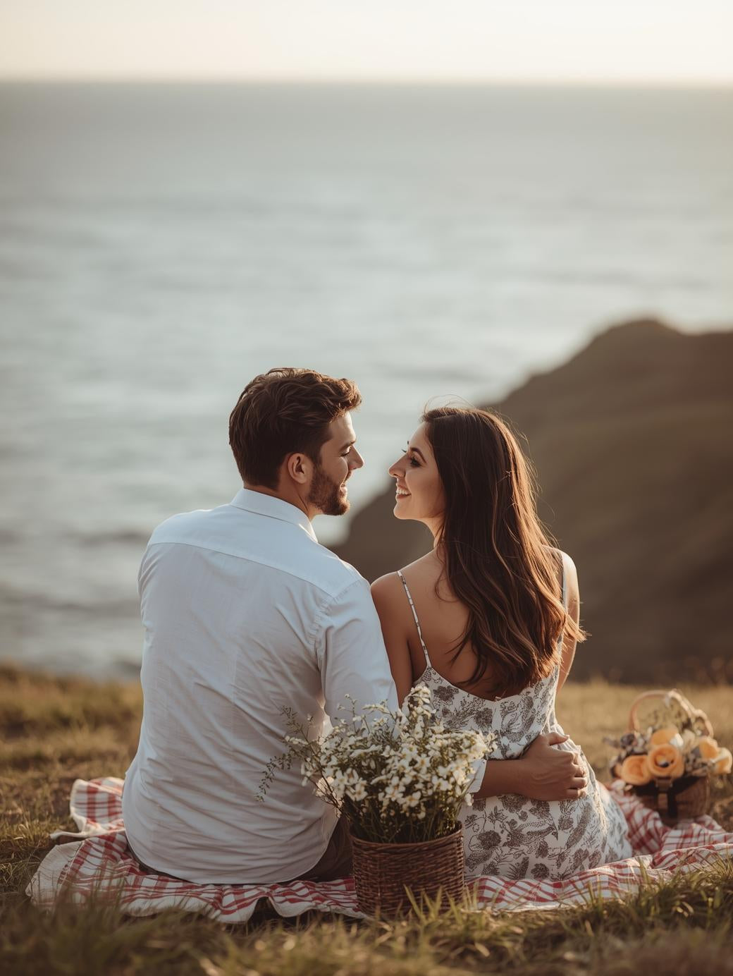 Romantic couple embracing on a coastal cliff at golden hour