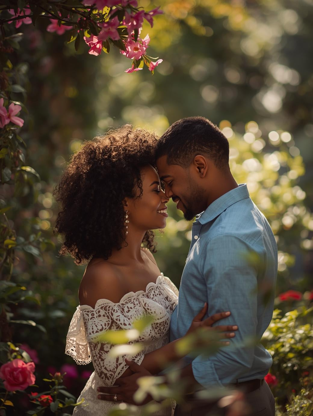 A couple embracing in a garden with soft natural light and pink flowers overhead