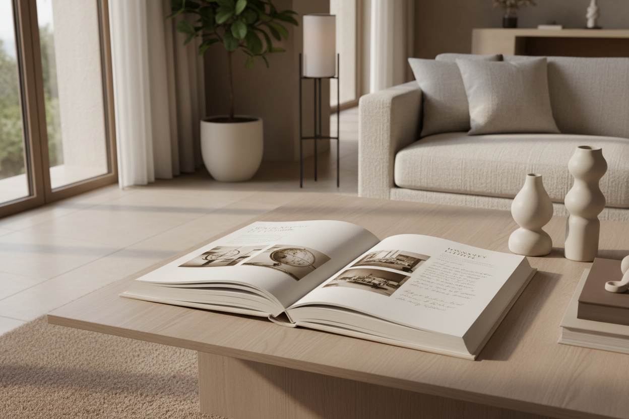Open luxury milestone book displayed on a modern neutral coffee table in a refined living room