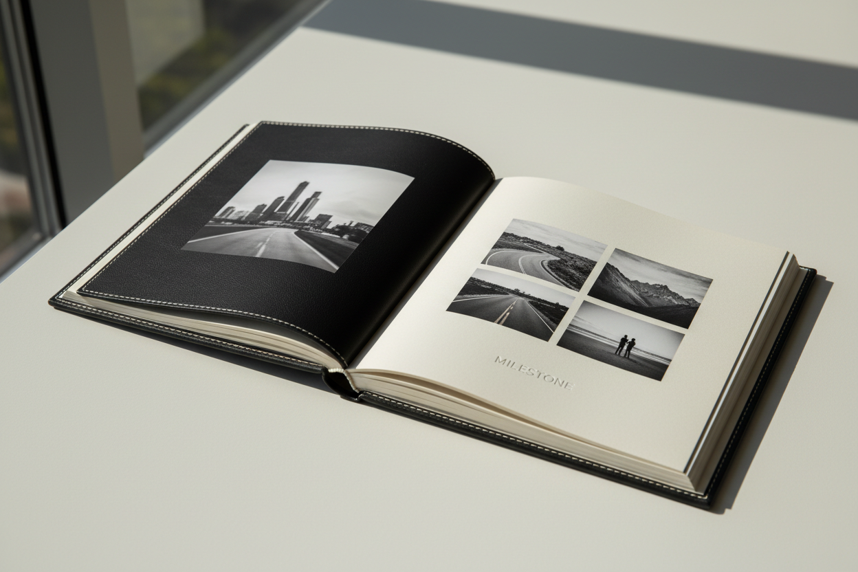 Open luxury milestone book with editorial layout displayed in modern natural light