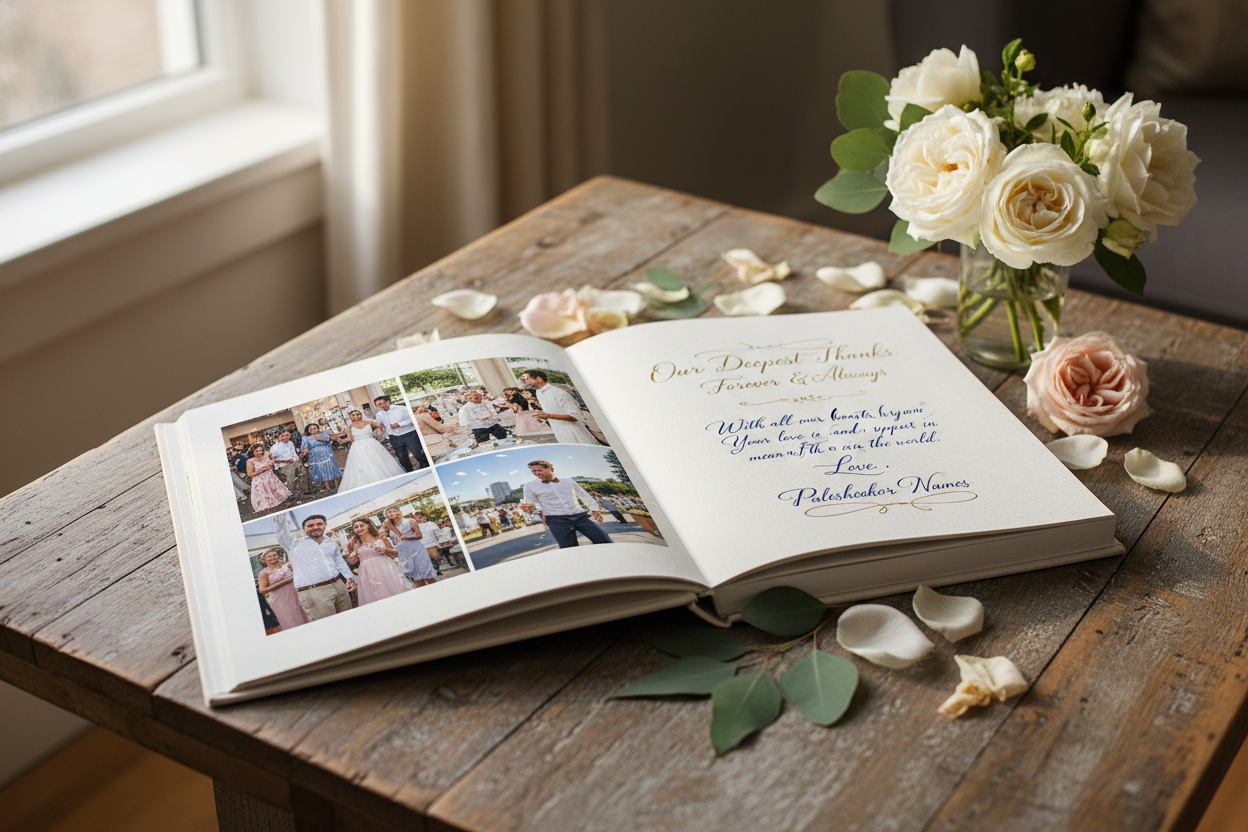 Handcrafted luxury milestone book styled with fresh roses in natural window light