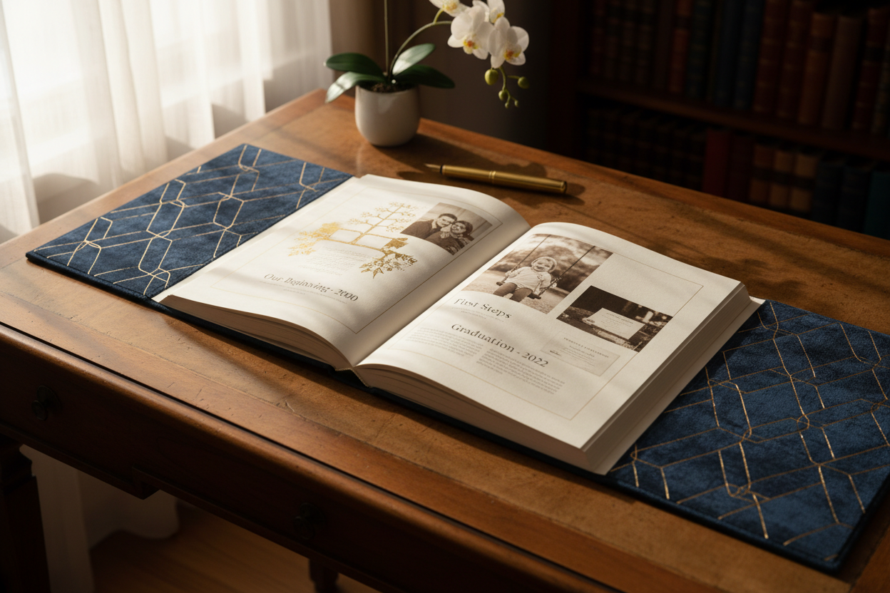 Open luxury milestone book with curated editorial layout in natural light