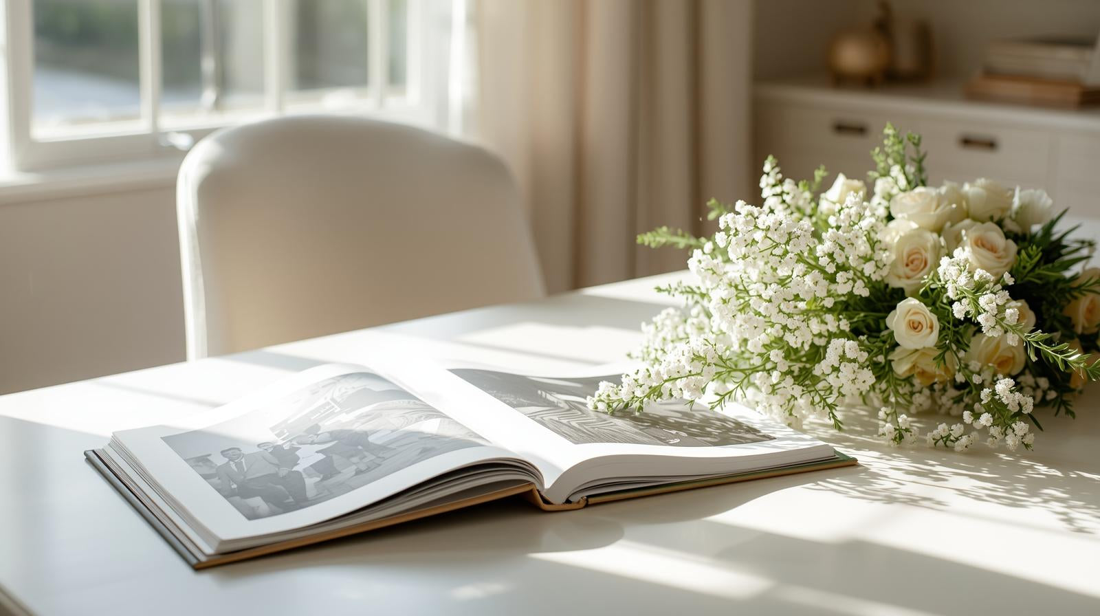 Open luxury milestone book displayed in soft natural light on a modern white table