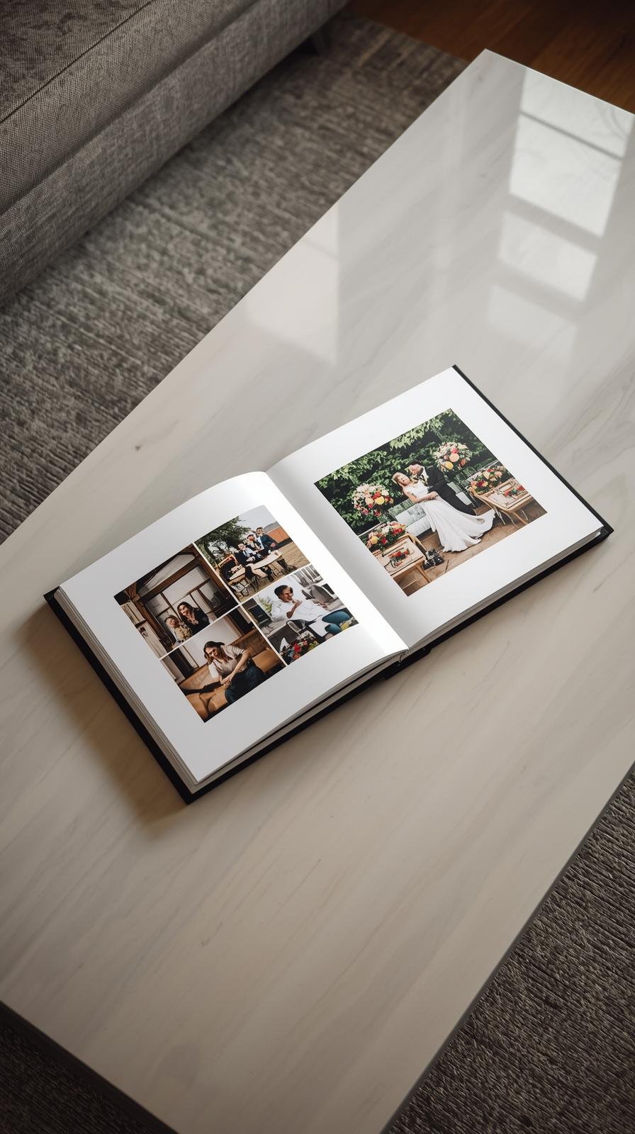 Open luxury milestone book displayed on a modern neutral coffee table