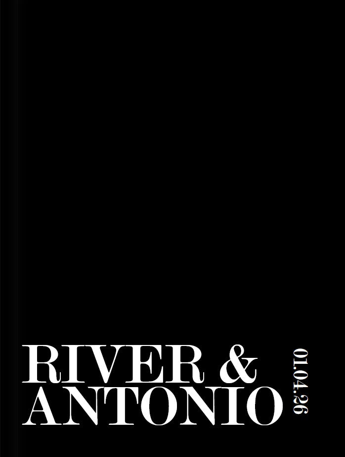 Black album cover featuring bold text 'River & Antonio' with date details.
