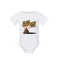 A white short-sleeve baby bodysuit featuring a graphic print of a brown poop emoji with the text 'IN MY BLOWOUT ERA' in yellow and orange, displayed on a clean white background.