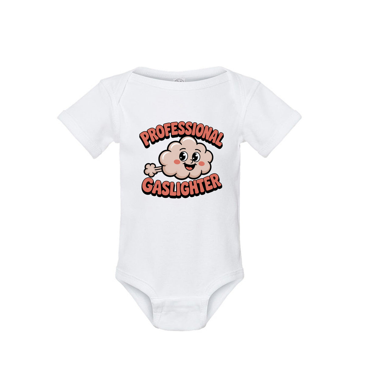 A white short-sleeve baby bodysuit featuring a cartoon cloud graphic with a smiling face and the text 'PROFESSIONAL GASLIGHTER' in red and black.
