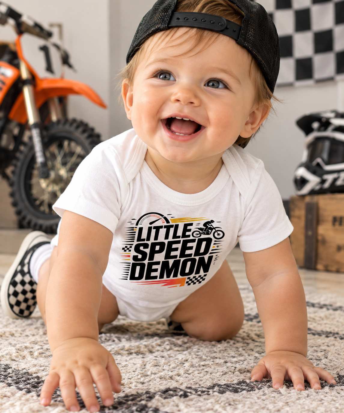 Little Speed Demon motocross baby onesie in white organic cotton