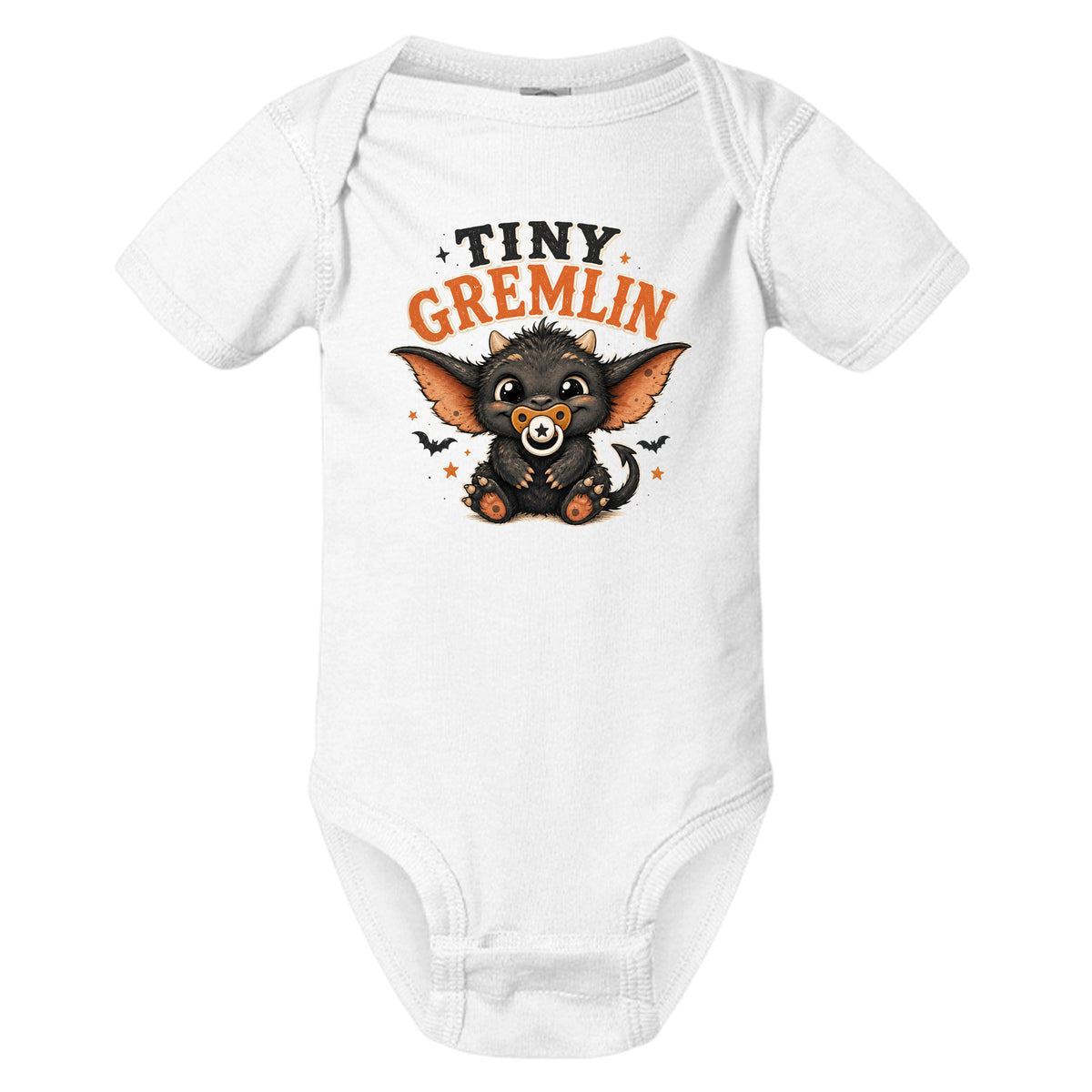 Tiny Gremlin Halloween baby onesie in white organic cotton