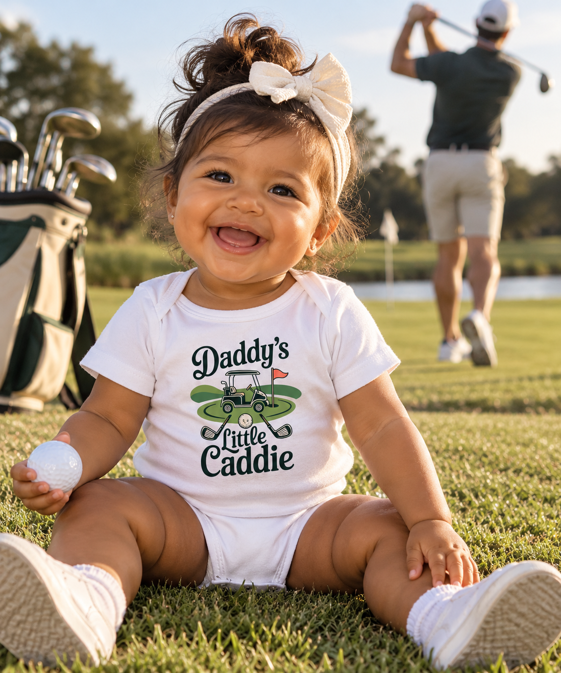 A smiling baby girl sitting on a golf course grass wearing a white short-sleeve bodysuit with a 'Daddy's Little Caddie' graphic, holding a golf ball with a golf bag and a golfer in the background.