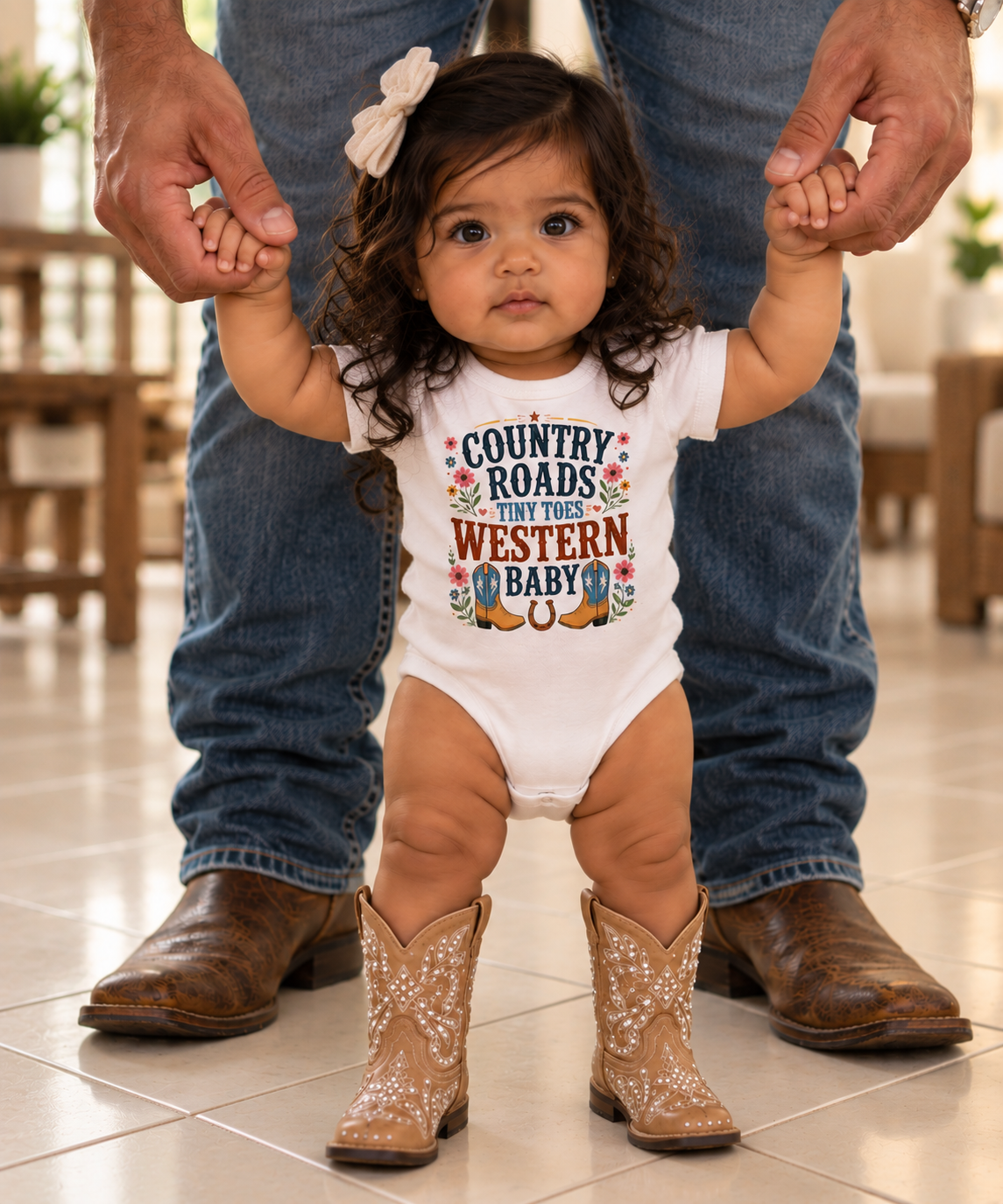 A toddler standing on a tiled floor, holding hands with an adult wearing blue jeans and brown cowboy boots. The child is wearing a white bodysuit with a colorful western-themed graphic that reads 'COUNTRY ROADS LEAVE THE WESTERN BABY ALONE' and tan cowboy boot prints on the legs.