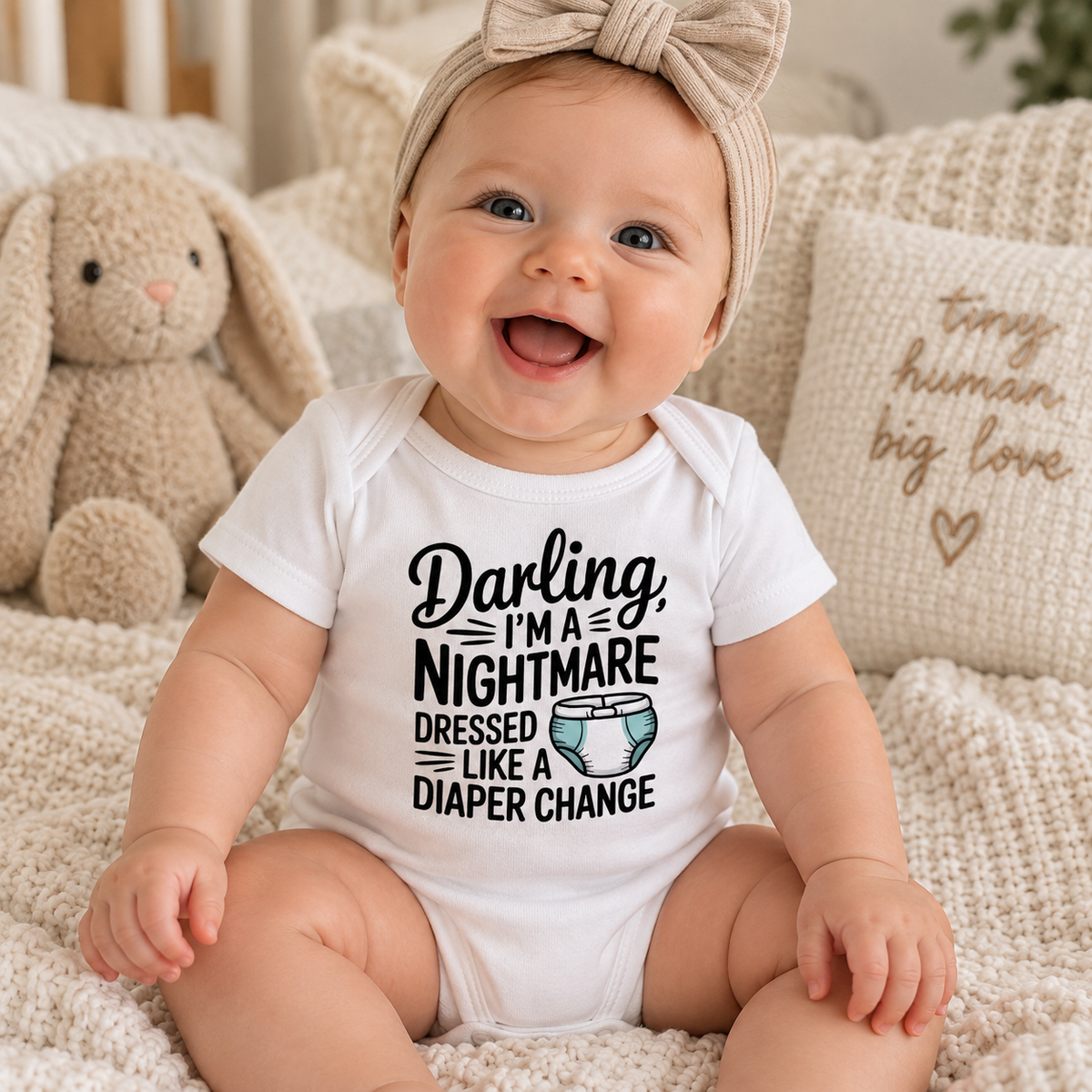 A smiling baby wearing a white short sleeve bodysuit with a black printed graphic that reads Darling I'm a Nightmare Dressed Like a Diaper Change baby onesie in white organic cotton
