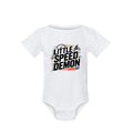 A white short-sleeve baby bodysuit with a 'LITTLE SPEED DEMON' graphic on the chest, featuring a black motocross rider and checkered flag design with orange and yellow accents, shown on a plain white background.