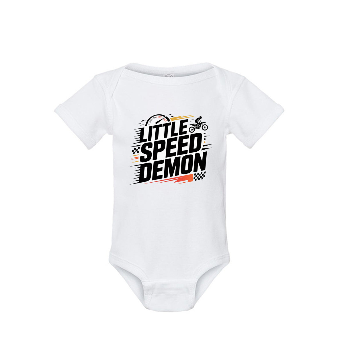 A white short-sleeve baby bodysuit with a 'LITTLE SPEED DEMON' graphic on the chest, featuring a black motocross rider and checkered flag design with orange and yellow accents, shown on a plain white background.
