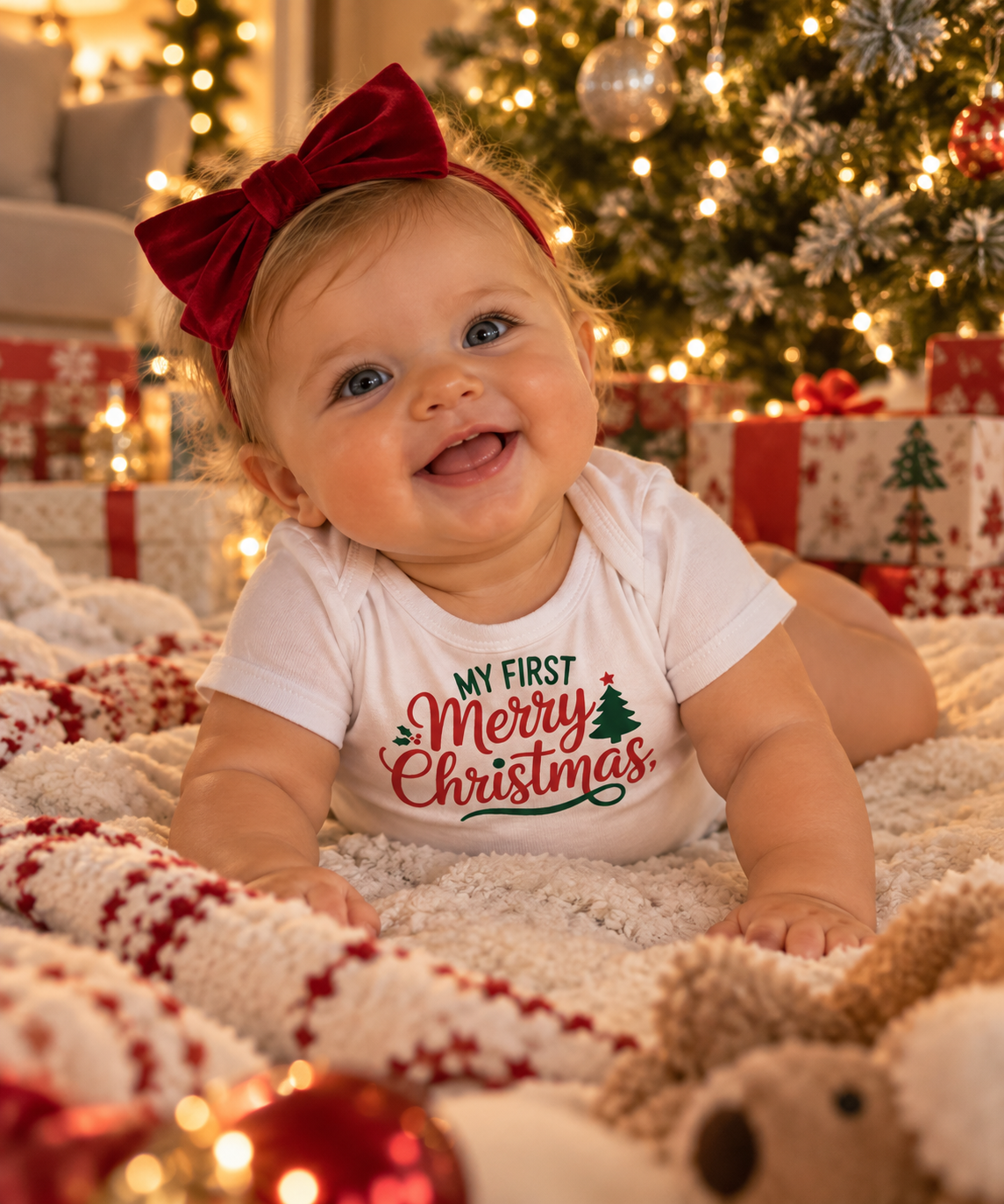 A baby wearing a white short-sleeve bodysuit with a 'My First Merry Christmas' graphic and a red bow headband, lying on a cozy blanket in front of a decorated Christmas tree.