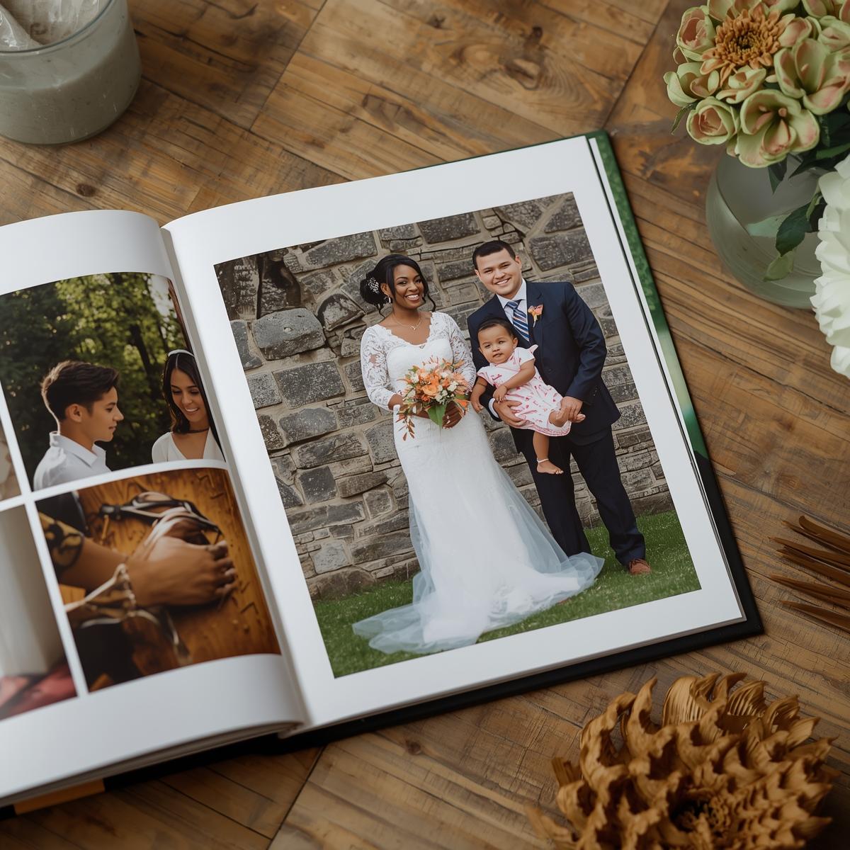 Elegant wedding photo book featuring a bride, groom, and child in a beautiful outdoor setting.