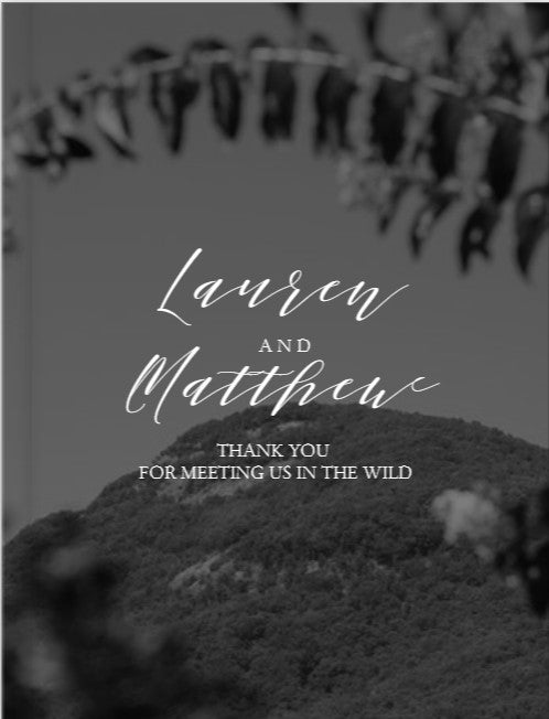 Personalized wedding thank you card featuring mountains, elegant typography, and nature-inspired design.