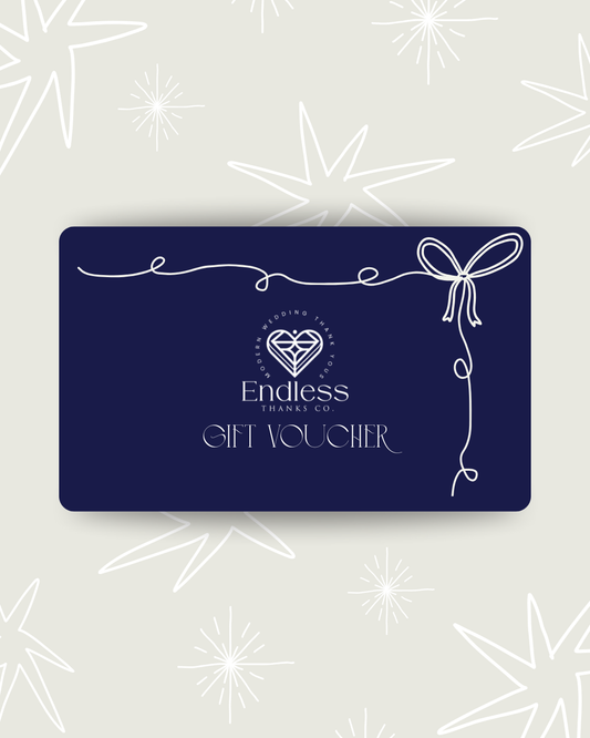 Endless Thanks Co. navy gift voucher with decorative bow, perfect for thoughtful gifting.
