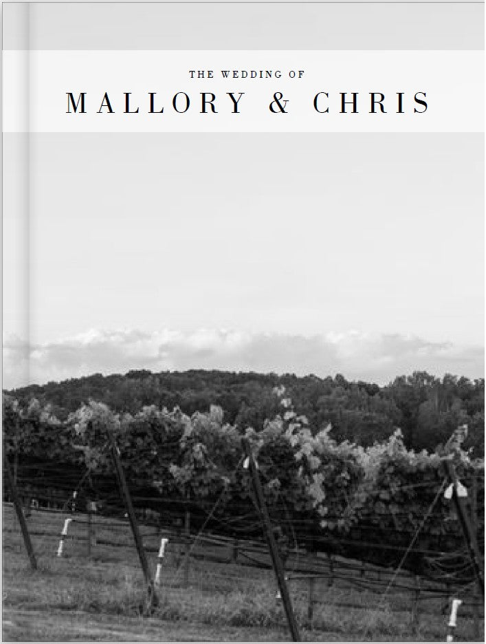 Elegant wedding invitation design featuring the names Mallory & Chris over a vineyard backdrop.