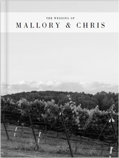 Elegant wedding invitation design featuring the names Mallory & Chris over a vineyard backdrop.