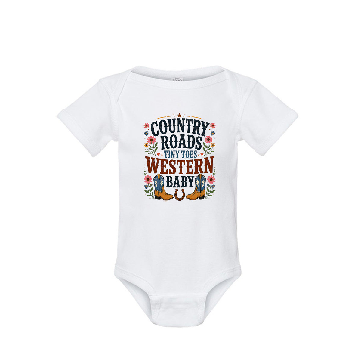 Country Roads Tiny Toes western baby onesie in white organic cotton