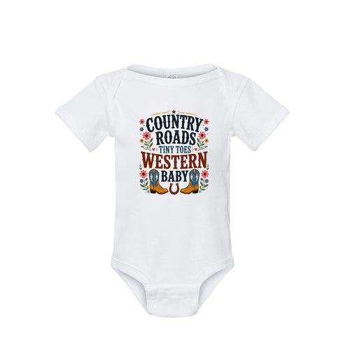 Country Roads Tiny Toes western baby onesie in white organic cotton