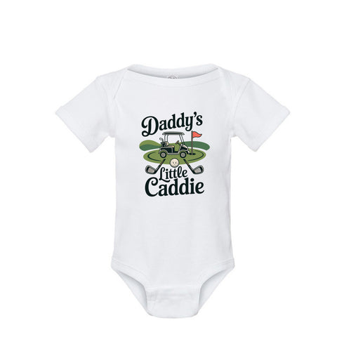Daddy's Little Caddie golf baby onesie in white organic cotton