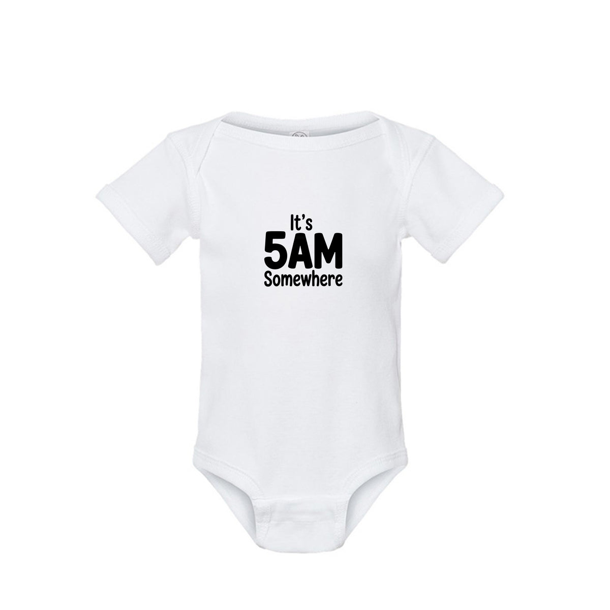 It's 5AM Somewhere country music inspired baby onesie in white organic cotton