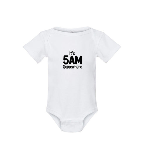 It's 5AM Somewhere country music inspired baby onesie in white organic cotton