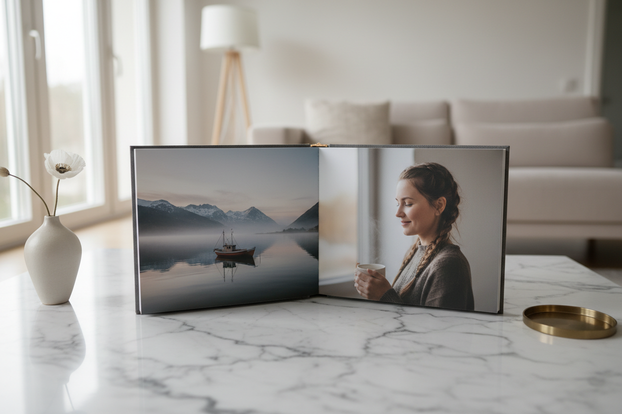 Luxury lay flat photo book open on a marble table featuring a full bleed panoramic image and portrait spread in a modern neutral